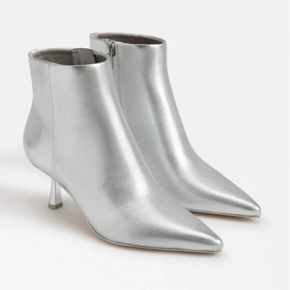 NEW  Rachel Zoe Metallic Silver Kitten Heel Bootie Vegan Leather - Picture 1 of 5